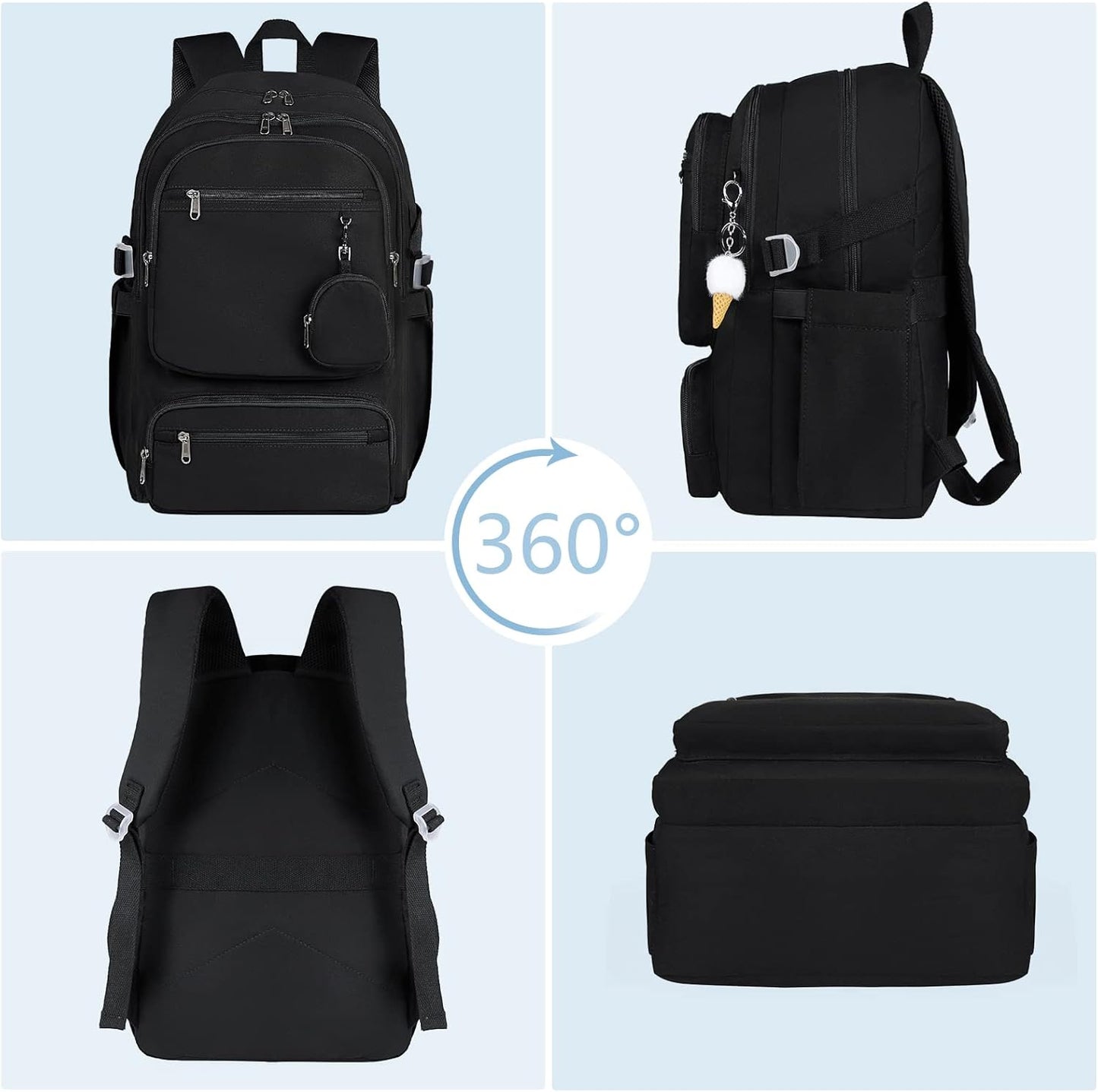 RAINSMORE Lightweight School Backpack for Women Travel Casual Daypack Rucksack Bookbag for Teen Girls Laptop Backpacks 15.6 inch for College High School, Black