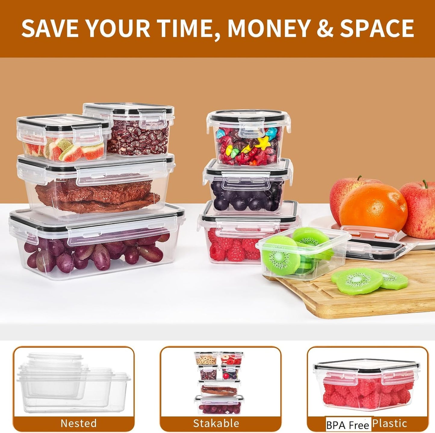 48 Pack Food Storage Containers with Airtight Lids (24 Containers & 24 Lids), PRAKI Kitchen storage containers for Pantry Organizers and Storage, Meal Prep Container with Labels & Marker