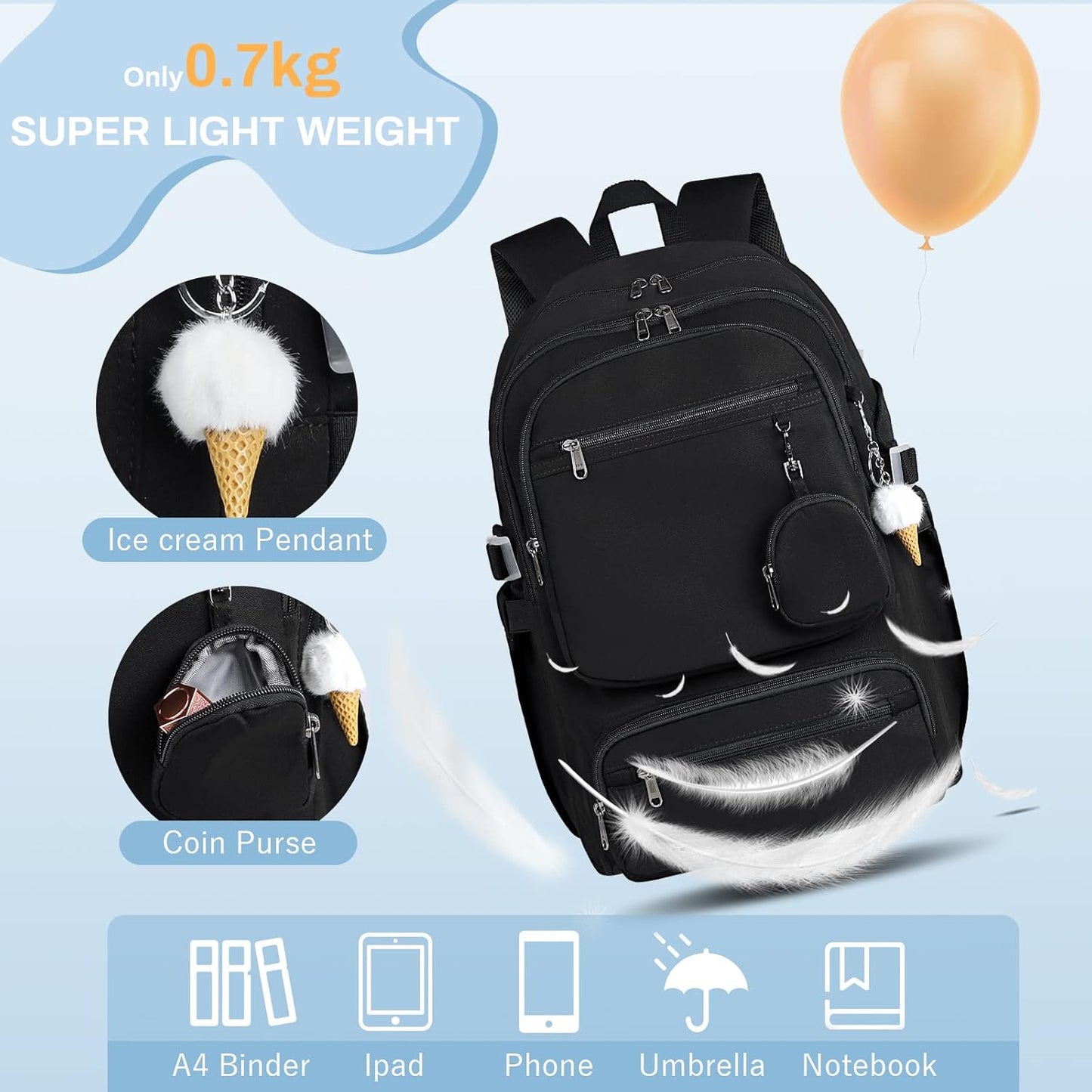 RAINSMORE Lightweight School Backpack for Women Travel Casual Daypack Rucksack Bookbag for Teen Girls Laptop Backpacks 15.6 inch for College High School, Black