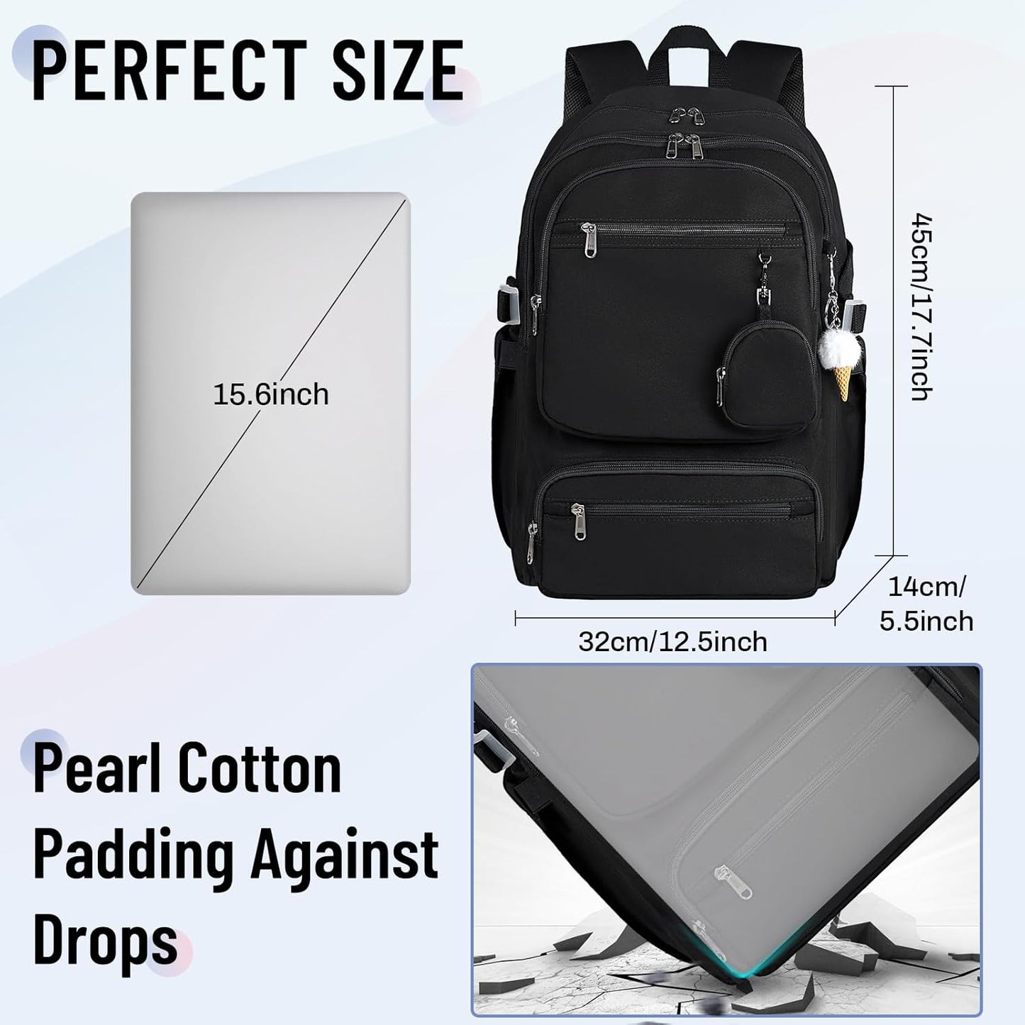 RAINSMORE Lightweight School Backpack for Women Travel Casual Daypack Rucksack Bookbag for Teen Girls Laptop Backpacks 15.6 inch for College High School, Black