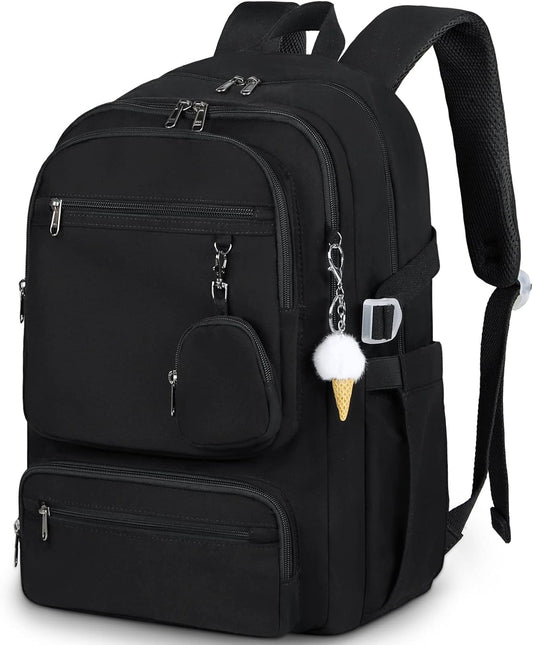 RAINSMORE Lightweight School Backpack for Women Travel Casual Daypack Rucksack Bookbag for Teen Girls Laptop Backpacks 15.6 inch for College High School, Black